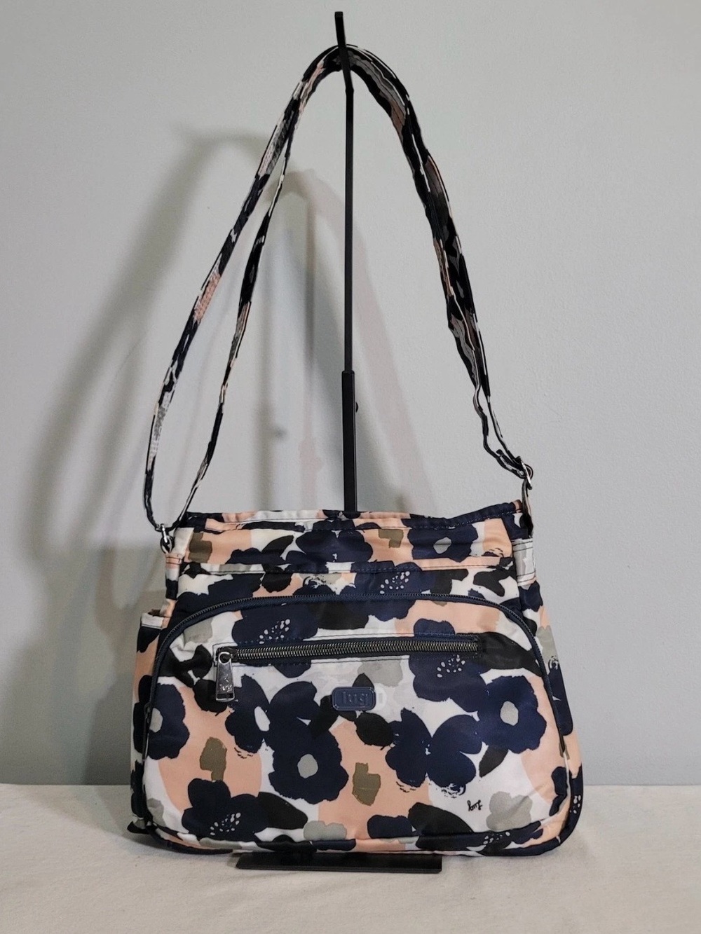 Lug Shimmy RFID Crossbody Bag Floral Navy Peach Multi Pocket Purse